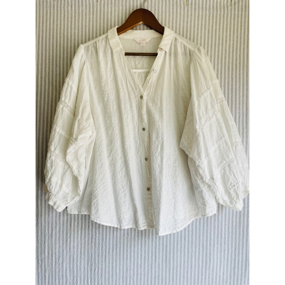 LC Lauren Conrad White Lace Trim Balloon Sleeve Button Down Blouse XL Cool Boho